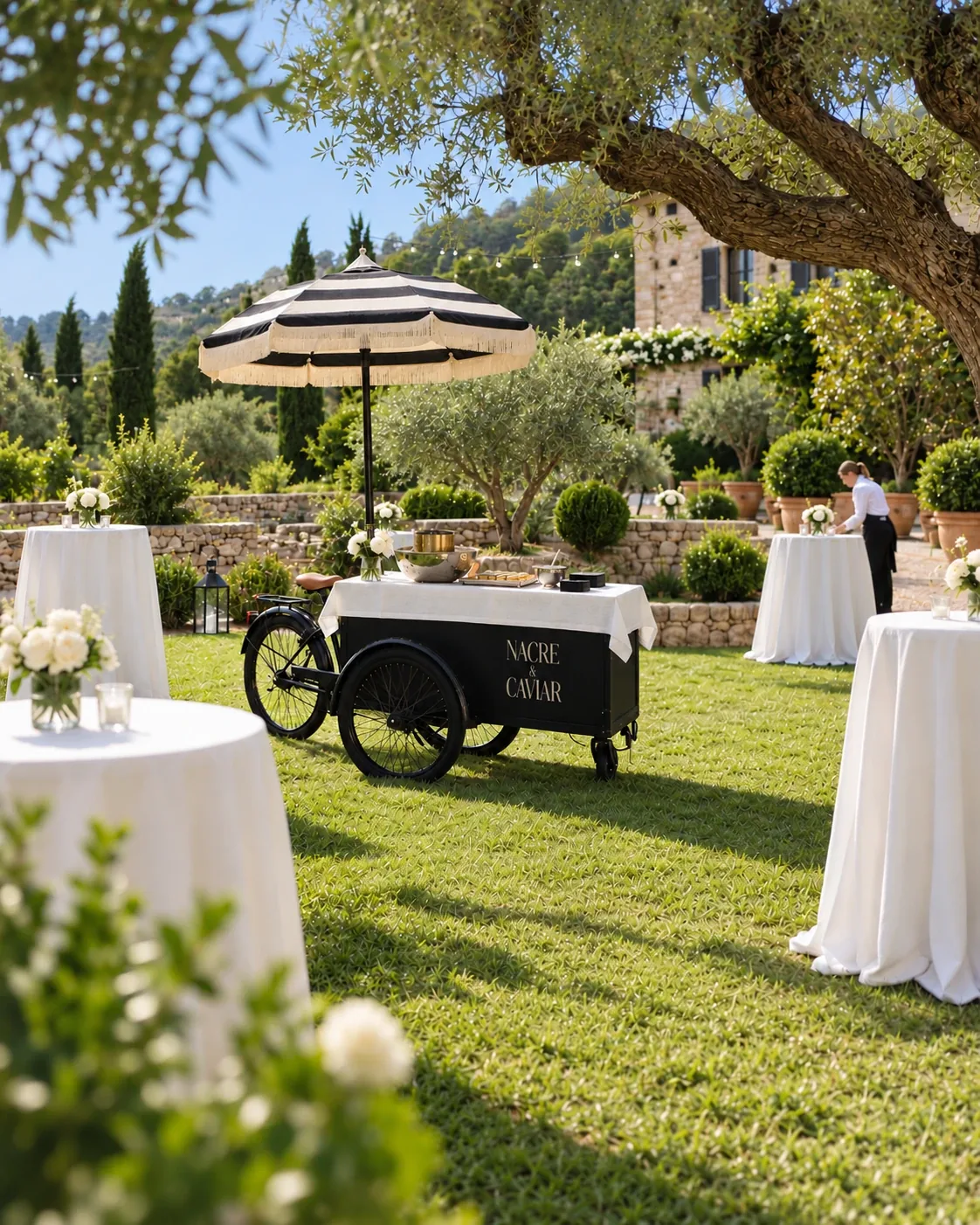 Der Caviar Cart von Nacre & Caviar im Garten einer Finca auf Mallorca, unter seinem Sonnenschirm