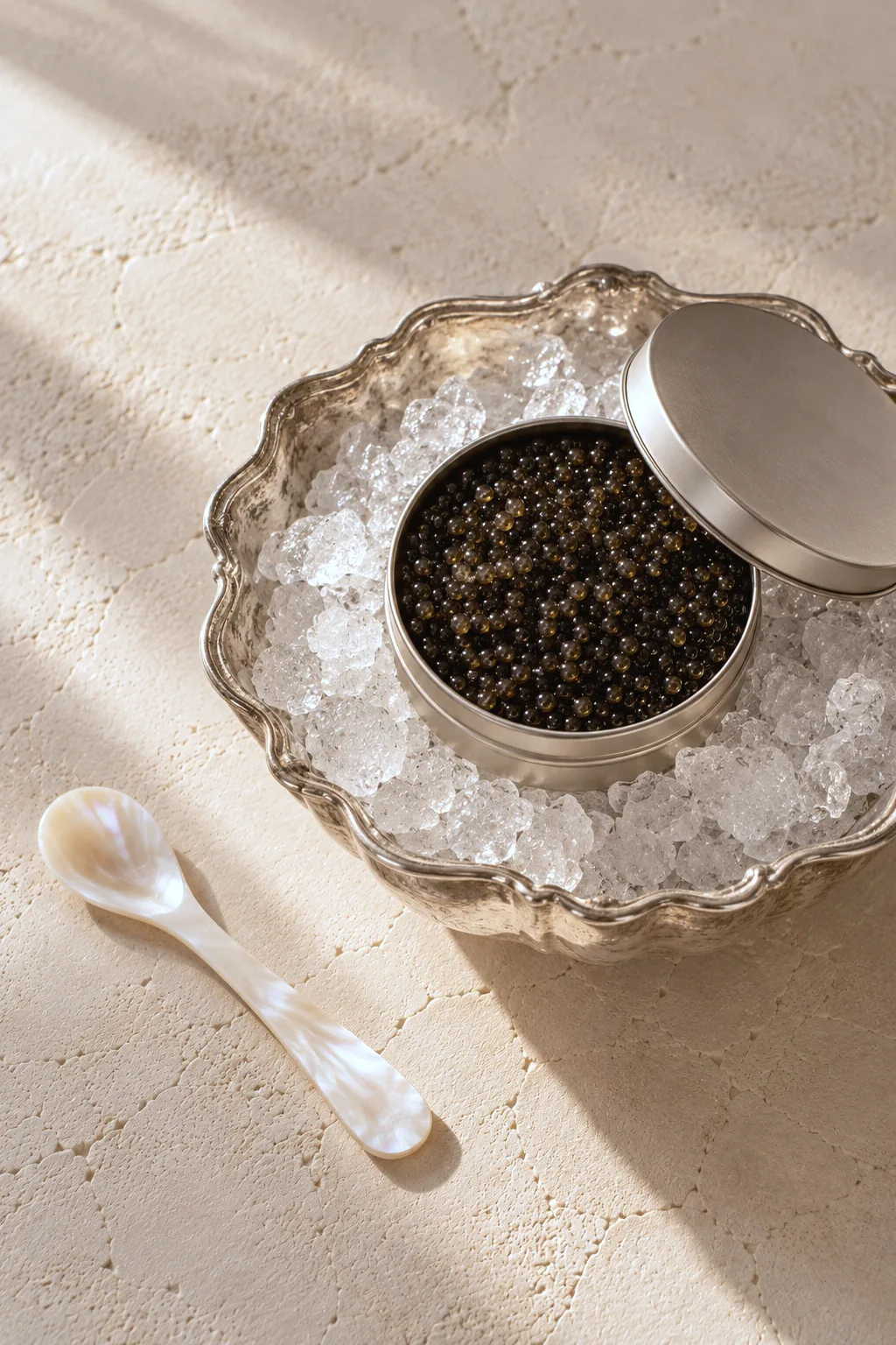 Boîte de caviar ouverte sur glace, cuillère de nacre posée à côté