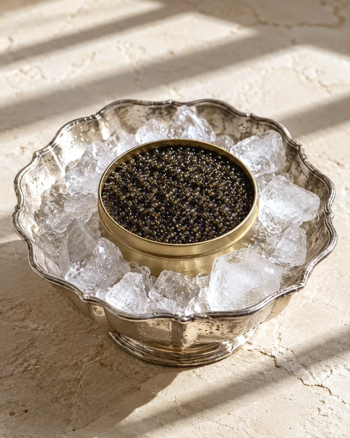 Boîte de caviar ouverte, sur glace dans une coupe en argent