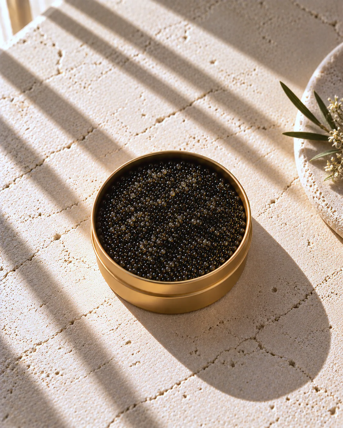 Une boîte de caviar dorée, ombres de soleil sur le plâtre