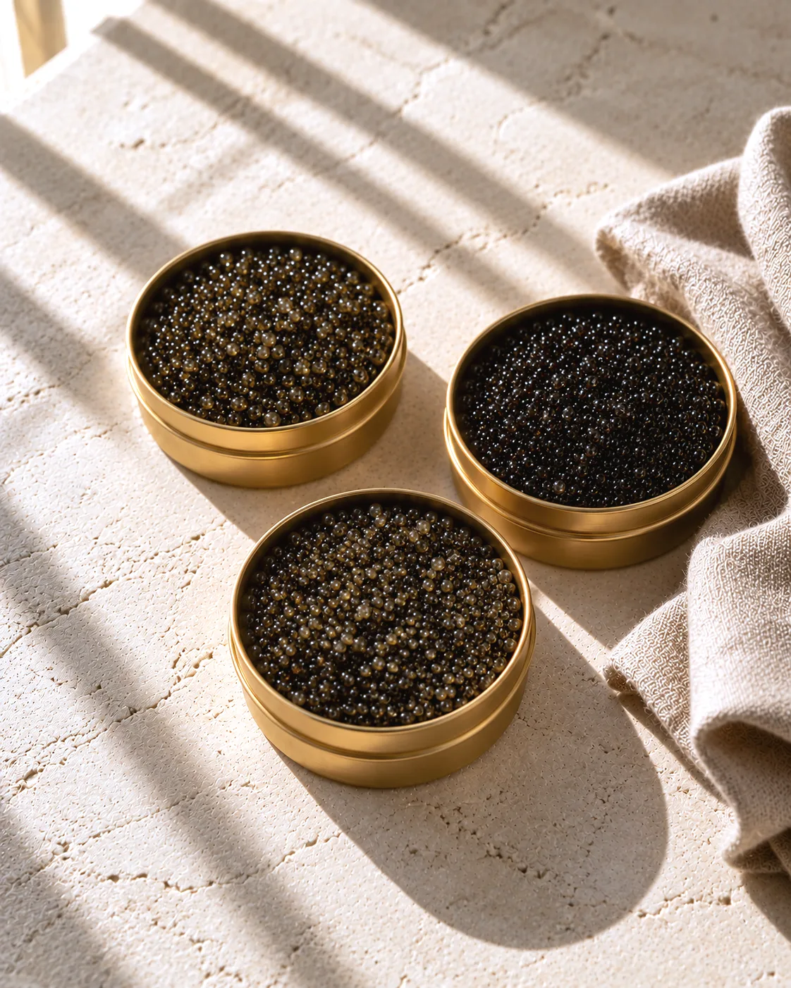Trois boîtes de caviar dorées dans la lumière du soleil, boutique Nacre & Caviar